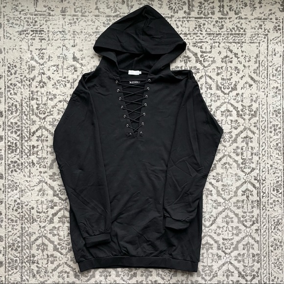 Meshki Sweaters - MESHKI Elsa Lace Up Hooded Mini Dress - Black